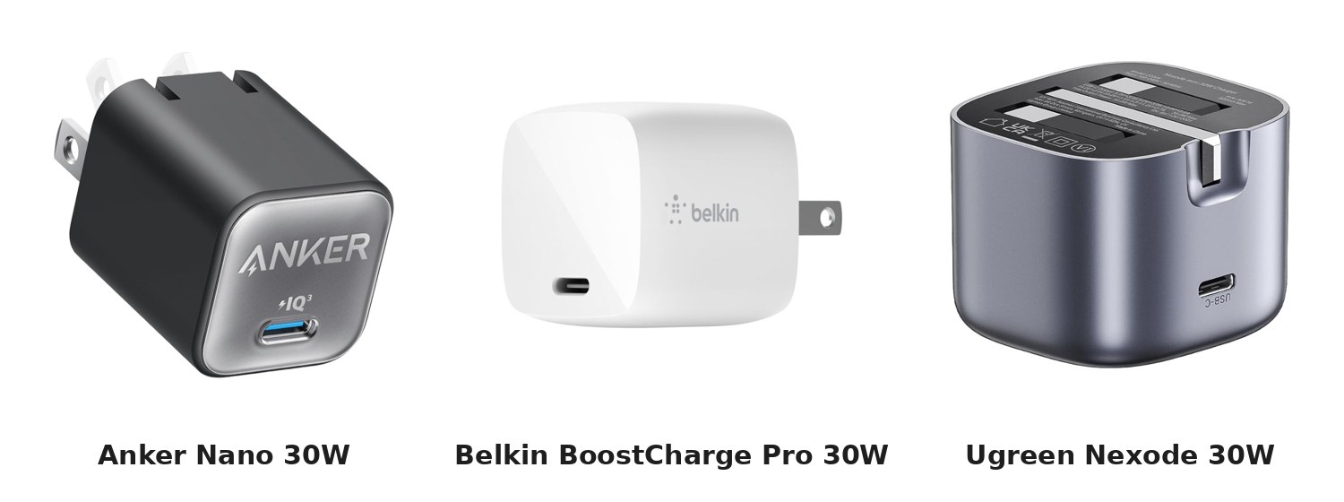 Recommended 30W USB-C chargers: Anker Nano, Belkin BoostCharge Pro and Ugreen Nexode