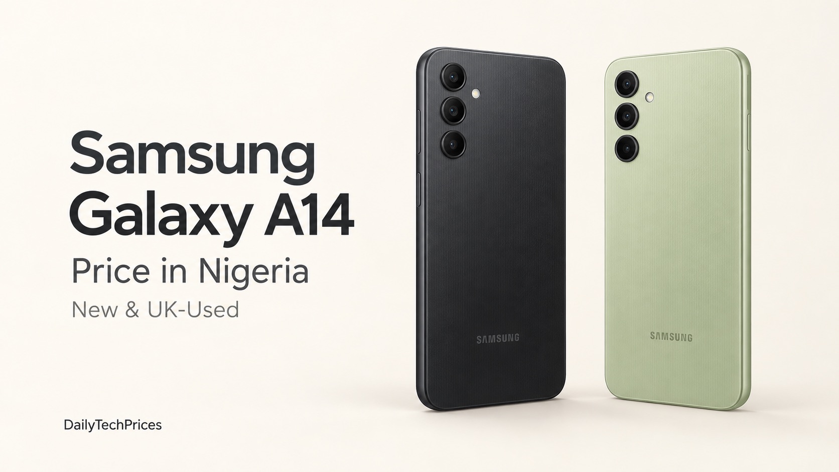 AI illustration of black and pale green Samsung Galaxy A14 phones